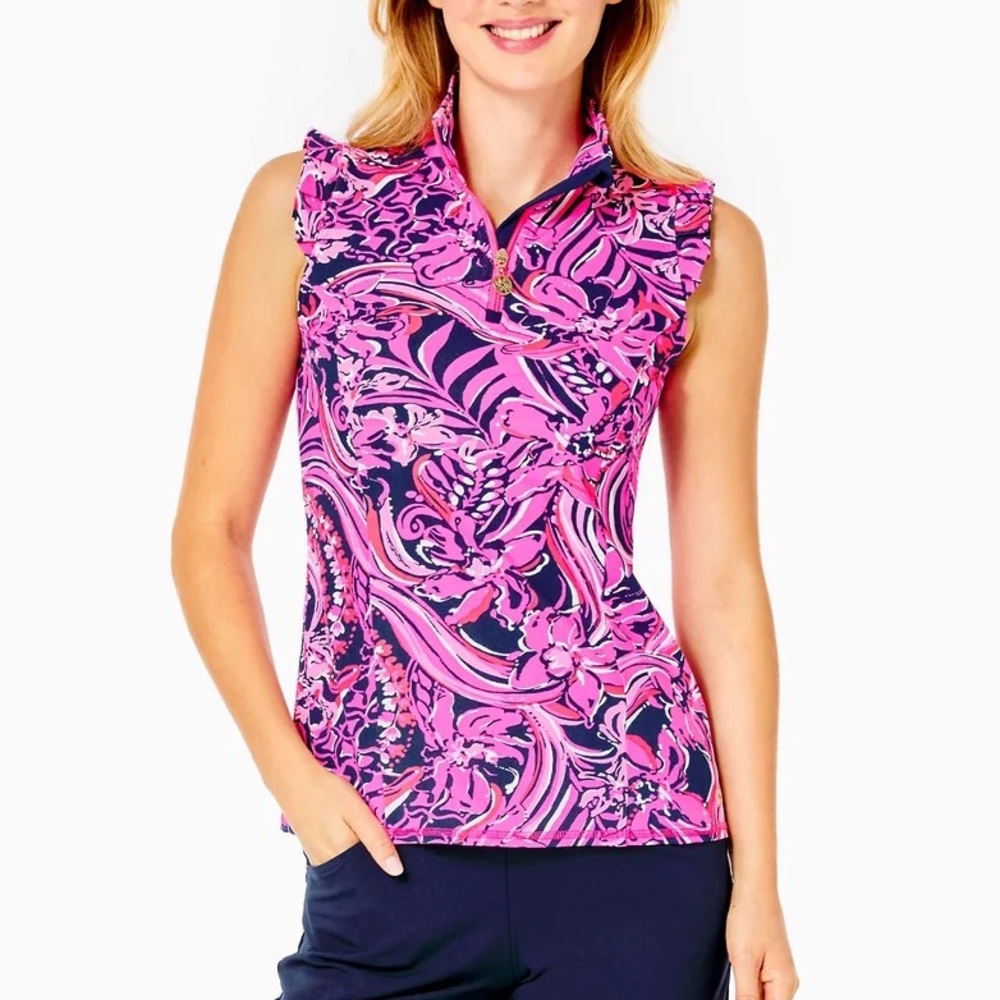 NWT Lilly Pulitzer Larissa Ruffle Half Zip Flirty Fins And Feathers XS